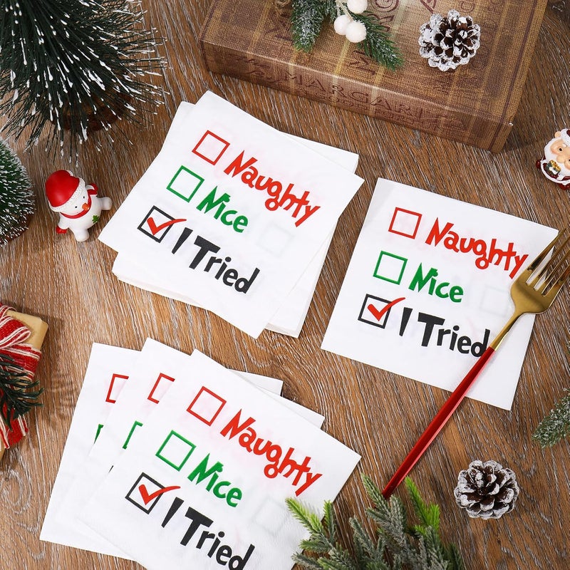 Whaline Christmas Cocktail Napkin Naughty or Nice Disposable Paper Napkin Xmas Drink Beverage Napkins for Home Dinner Buffet Xmas Tableware Party Supplies Decorations, 50 Pcs - Image 4